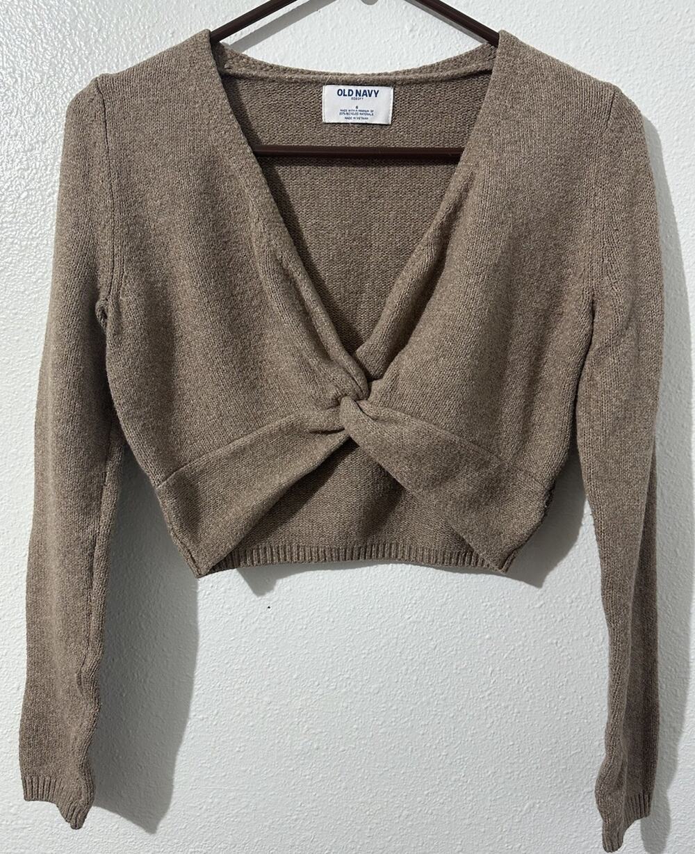 Old Navy Womens Small SoSoft Twist Front Tan Fuzzy Knit Sweater Y2K Preppy